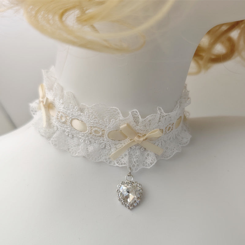 DDLG/DDLGirl Babydoll Lacy Choker, soft girl flirty accessory, ribbon necklace with mini heart crystal