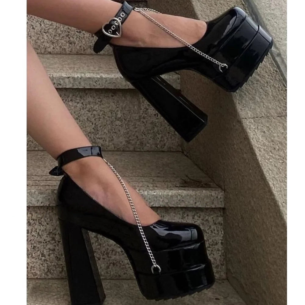 Gothic ddlg abdl black heart buckle heels with silver chain design