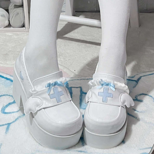 Angel-inspired Healing Halo Platform Heels with dreamy 3D wings and soft heart details for kawaii outfits