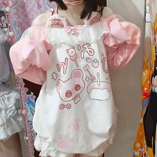 Pastel pink DDLG kawaii kitty tee with plush furry cat ears and frill details