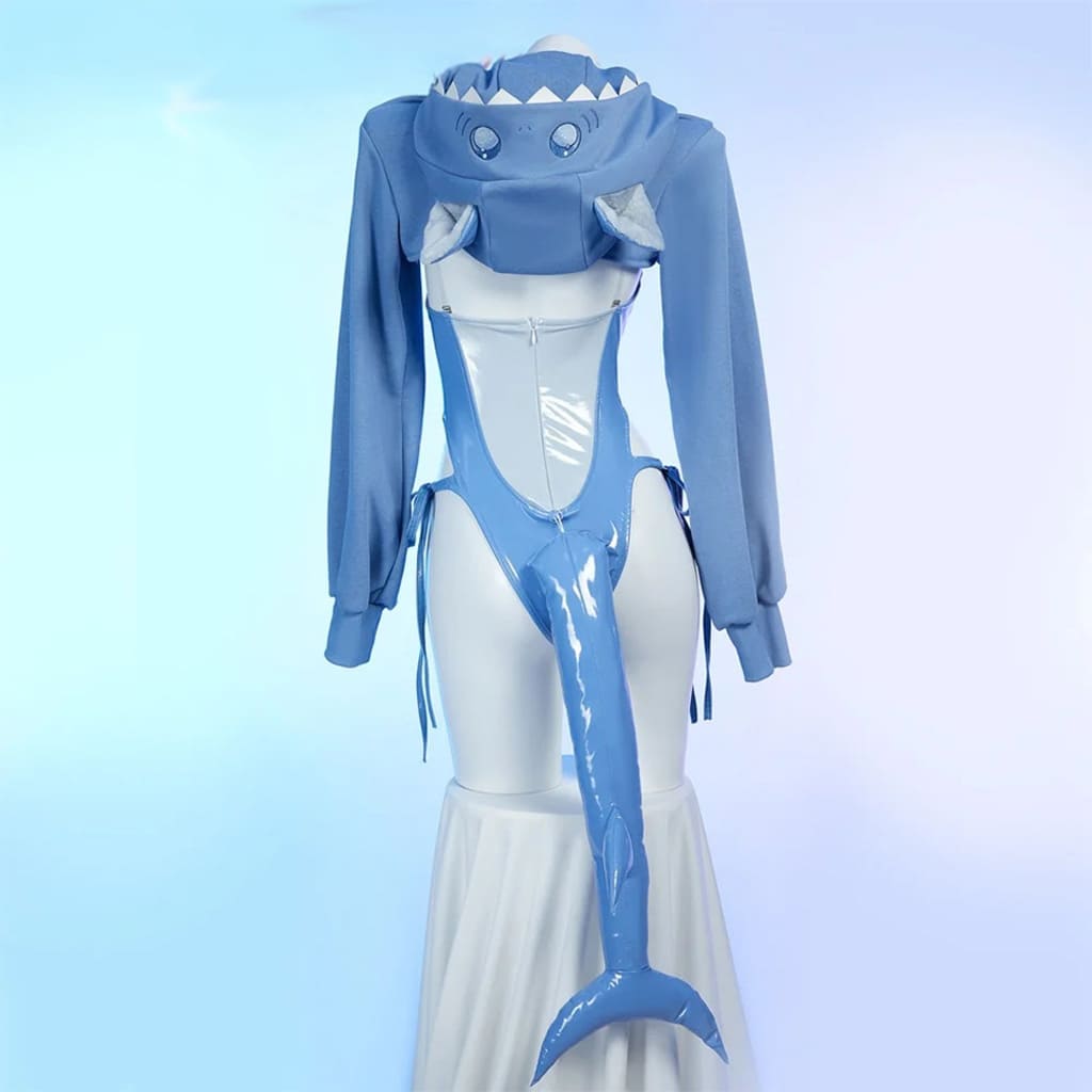 Closeup of Sweet Shark Bite transparent straps and tail attachment showing adjustable hardware and soft blue material