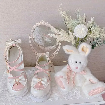 Kitty Chime Heart Strap Flats with jingle cat bells and sweet bows, perfect for kawaii and cutecore fashion