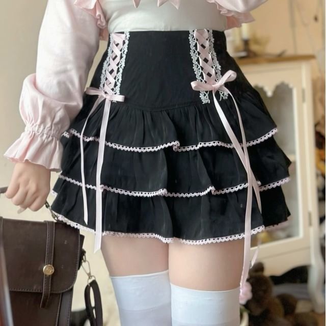 DDLG Lolita pastel ribbon corset skirt with layered frills, high-waist fit for little aesthetic and cutecore vibes