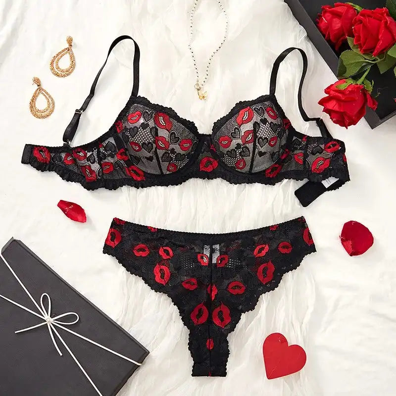 DDLG Marked By Me lingerie, black lace bra and thong, lipstick prints and flirty cutecore for confident DDLGirls