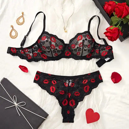 DDLG Marked By Me lingerie, black lace bra and thong, lipstick prints and flirty cutecore for confident DDLGirls