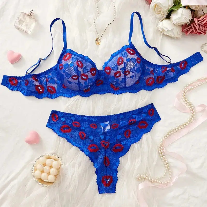 DDLG Marked By Me lingerie set in blue, lace bra and thong with playful lipstick prints, dreamy flirty cutecore DDLGirl vibes