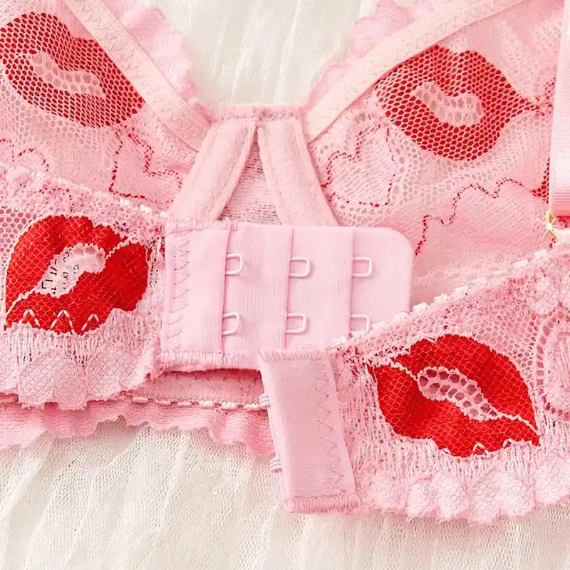 DDLG Marked By Me lingerie set in soft pink, lace bra and thong with playful lipstick print, flirty cutecore vibes for confident DDLGirls