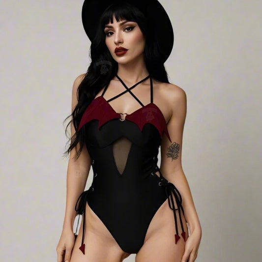 DDLG nocturnal beauty bodysuit with gothic bat wings, lace details, and demon-tail accents for dollcore, baddie, and cutecore vibes