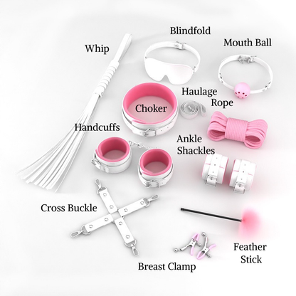 Pink kawaii BDSM play kit with cuffs, whip, blindfold, gag, choker, rope, and playful accessories for DDLG roleplay