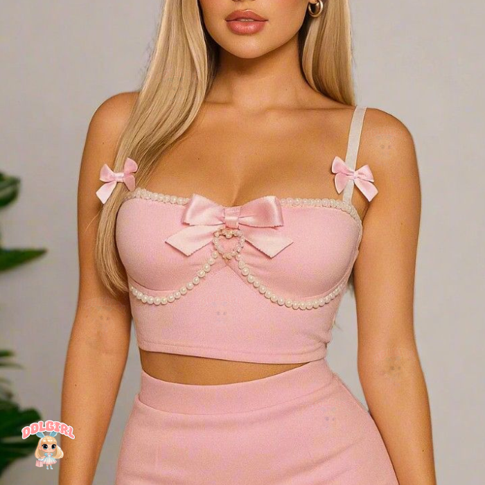 DDLG spoiled princess tank top with pearl beads, bows, and lace waves for dollcore and baddie vibes