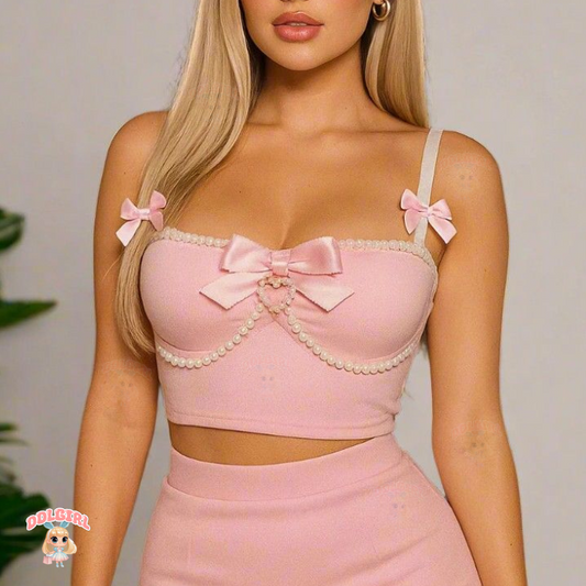 DDLG spoiled princess tank top with pearl beads, bows, and lace waves for dollcore and baddie vibes