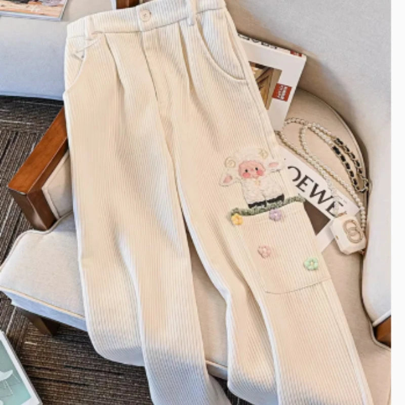 White sheep-themed lounge pants with cozy fit and embroidered flowers for kawaii and DDLG fashion fans