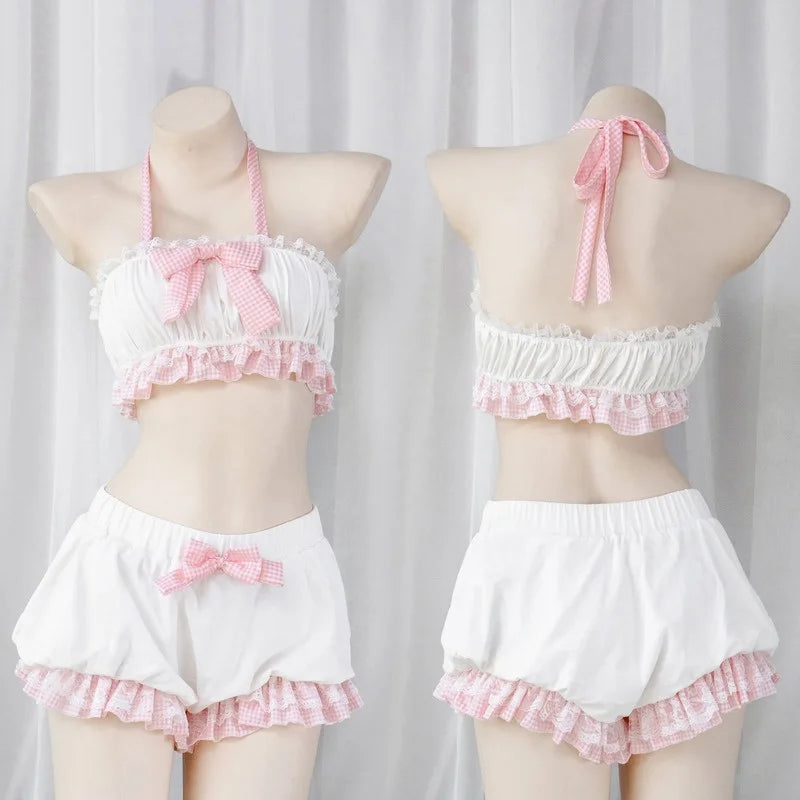 DDLGirl cutecore kawaii plaid bloomers set with crop top & frilled shorts, soft playful DDLG ABDL little-core loungewear