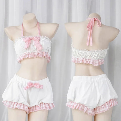 DDLGirl cutecore kawaii plaid bloomers set with crop top & frilled shorts, soft playful DDLG ABDL little-core loungewear