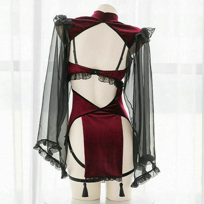 DDLGirl dollcore Queen of Black Hearts lingerie, flirty occult, dark velvet red and black full lingerie set
