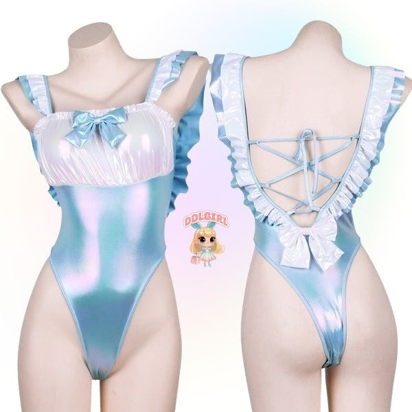 DDLGirl-approved holographic blue ruffle bodysuit, flirty cutecore outfit with playful ribbons