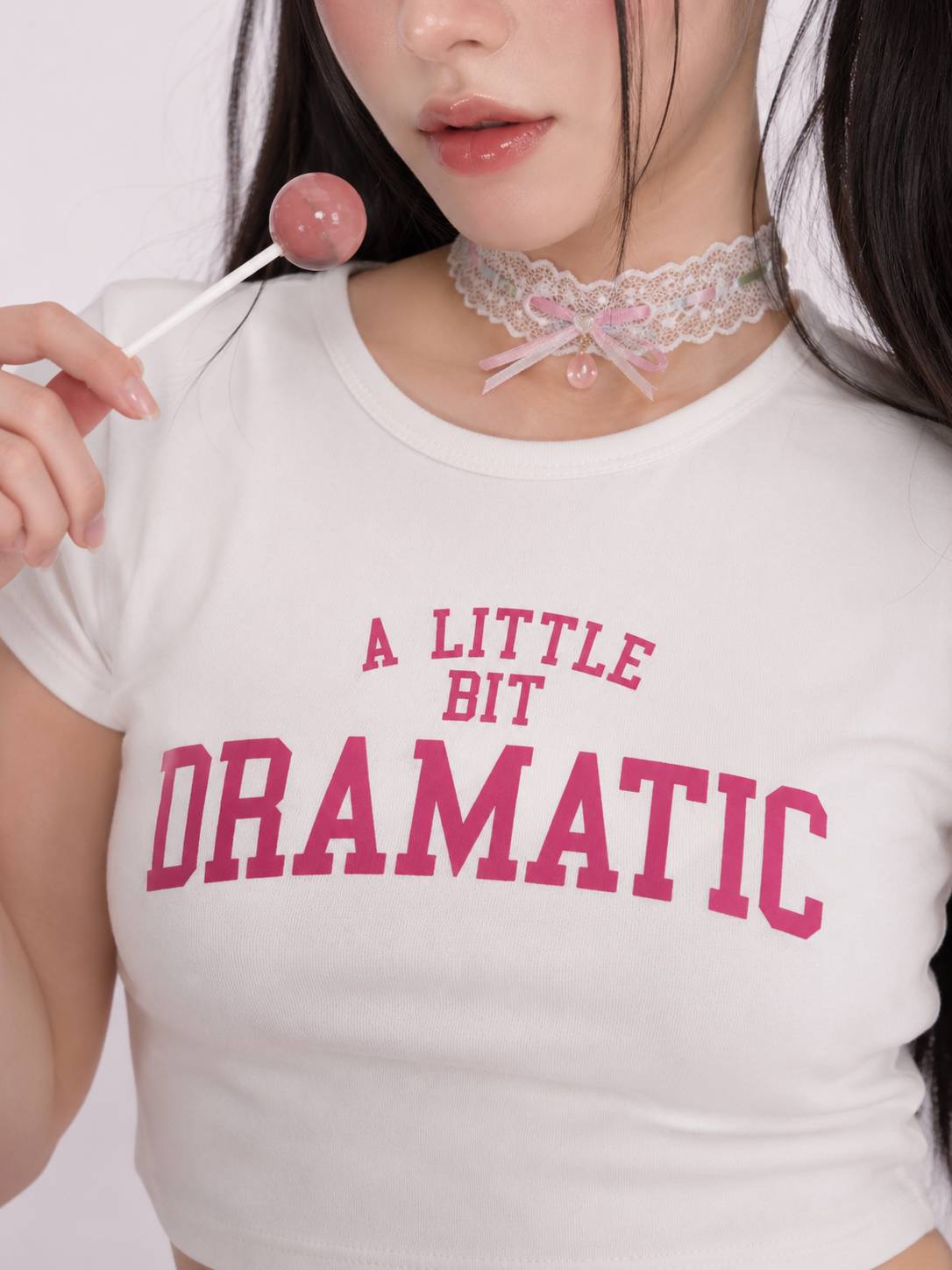 DDLGirl Little Miss Dramatic Crop Top soft stretchy fitted fabric for Y2K kawaii baddie cutecore main character and soft girl daily fits