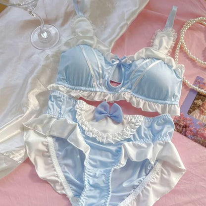 DDLGirl Little Soft Bunny lingerie set in blue, bra and panties with 3D ears and ribbons, flirty kawaii cutecore vibes