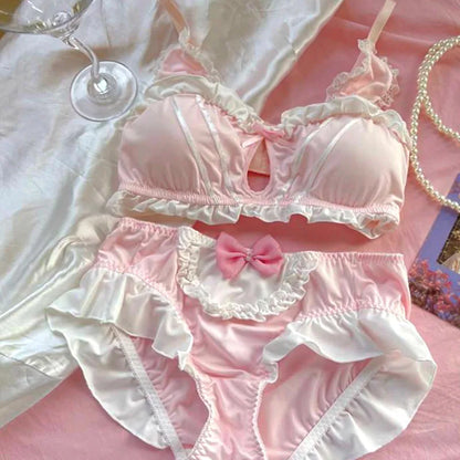 DDLGirl Little Soft Bunny lingerie set in pink, bra and panties with 3D bunny ears and ribbons, flirty cutecore kawaii vibes