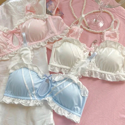 DDLGirl Little Soft Bunny lingerie set, bra and panties with 3D bunny ears and ribbons, flirty cutecore kawaii vibes in pink, blue, yellow, or white