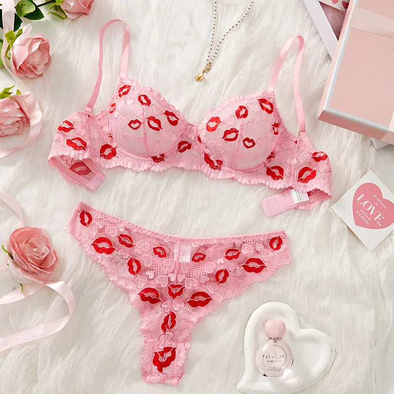 DDLGirl Marked By Me lingerie set in pink, lace bra and thong with lipstick print details, flirty cutecore princess vibes