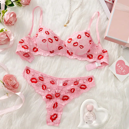 DDLGirl Marked By Me lingerie set in pink, lace bra and thong with lipstick print details, flirty cutecore princess vibes