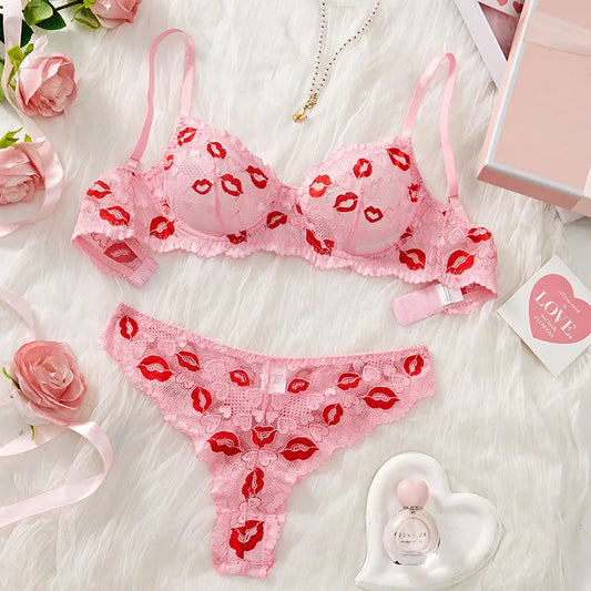 DDLGirl Marked By Me lingerie set in pink, lace bra and thong with lipstick print details, flirty cutecore princess vibes