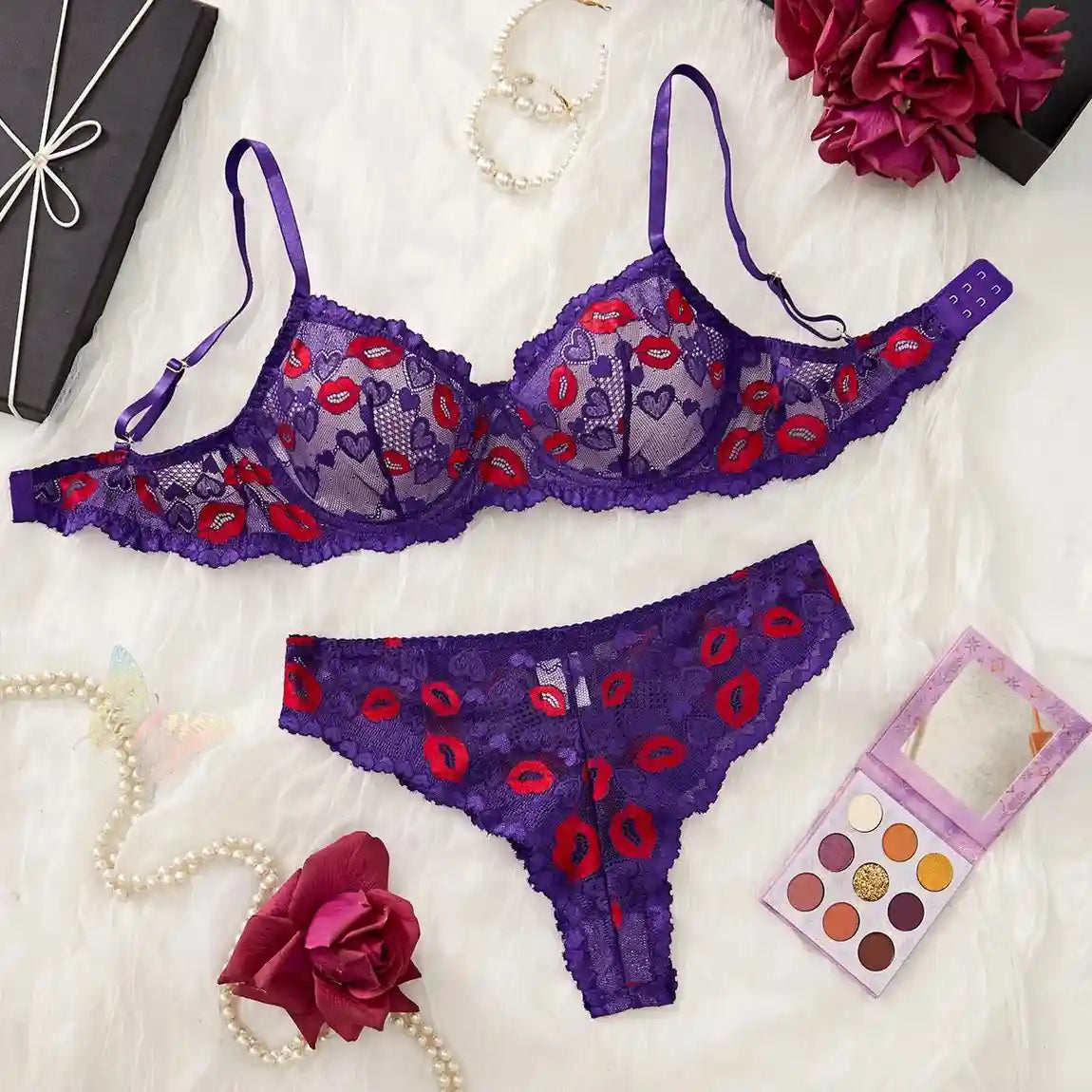 DDLGirl Marked By Me lingerie set in purple, lace bra and thong with lipstick print details, flirty cutecore magical vibes
