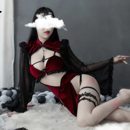 DDLGirl Queen of Black Hearts lingerie, dark midnight aesthetic, red and black velvet, occult witch-inspired, flirty dollcore