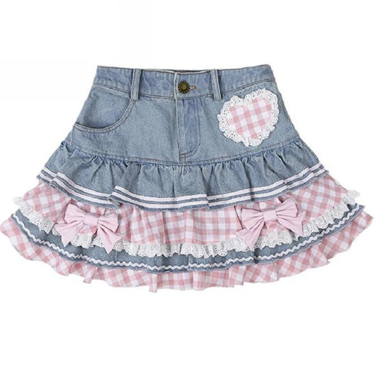 Denim blue preppy dollcore skirt with kawaii pleats, perfect for ddlg, abdl, and soft girl babygirl vibes.