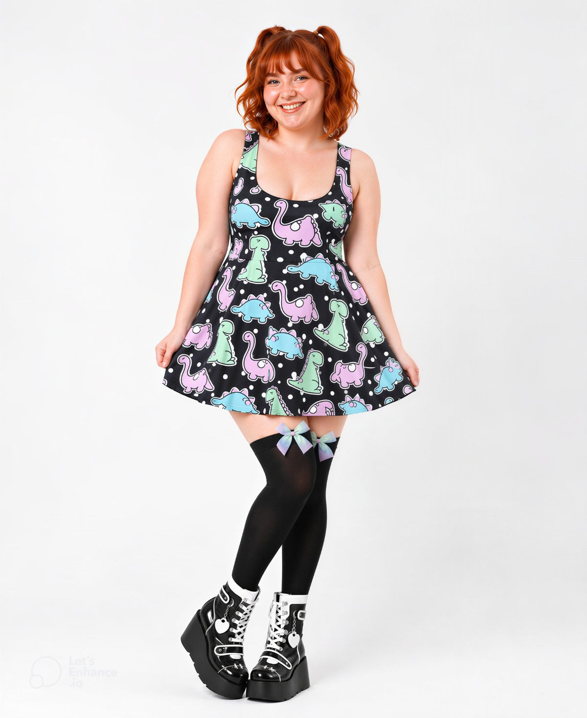 Model wearing full Dino Party pastel polka dot dress look, DDLGirl ABDL style