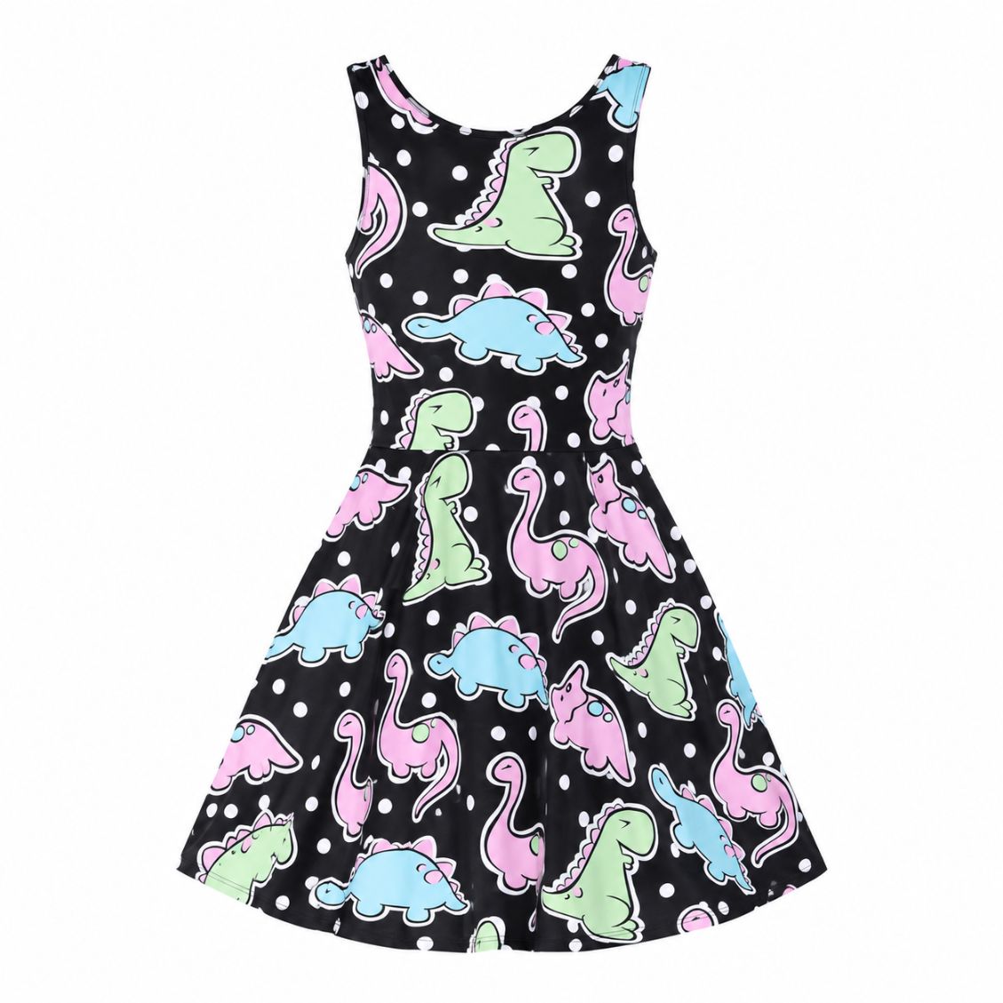 Model twirling in Dino Party pastel polka dot dress showing half circle skirt
