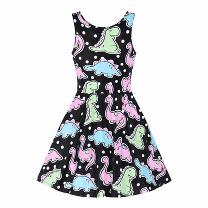 Model twirling in Dino Party pastel polka dot dress showing half circle skirt