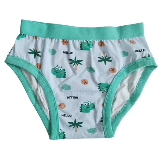 Pastel blue and green Dino Safari Briefs with kawaii dino, palm tree, cloud, and cookie print for ABDL and DDLG cutecore styles