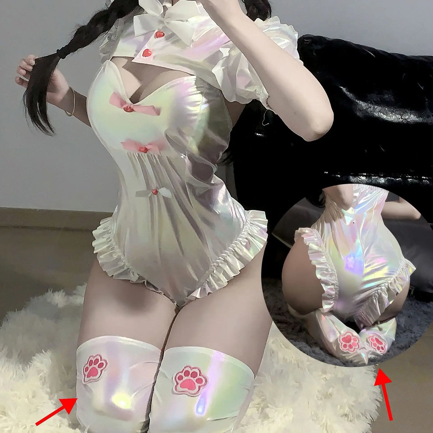Holographic maid cosplay bodysuit with flattering fit and shimmering shine, perfect for DDLG and kawaii roleplay vibes.