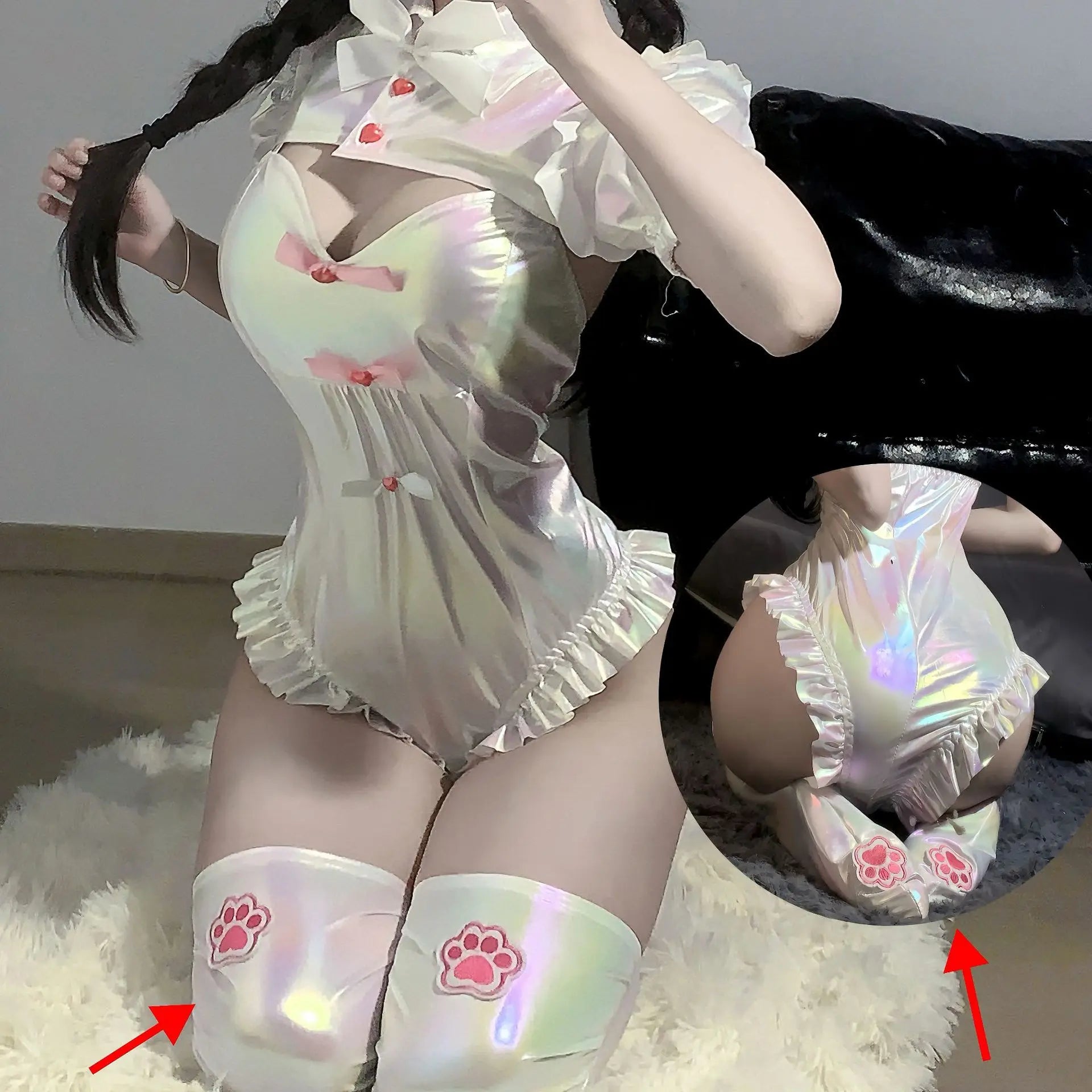 Holographic maid cosplay bodysuit with flattering fit and shimmering shine, perfect for DDLG and kawaii roleplay vibes.