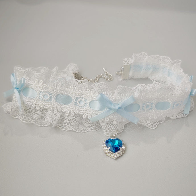 Dollcore Babydoll Lacy Choker, DDLG/DDLGirl soft girl accessory, ribbon necklace with mini heart crystal