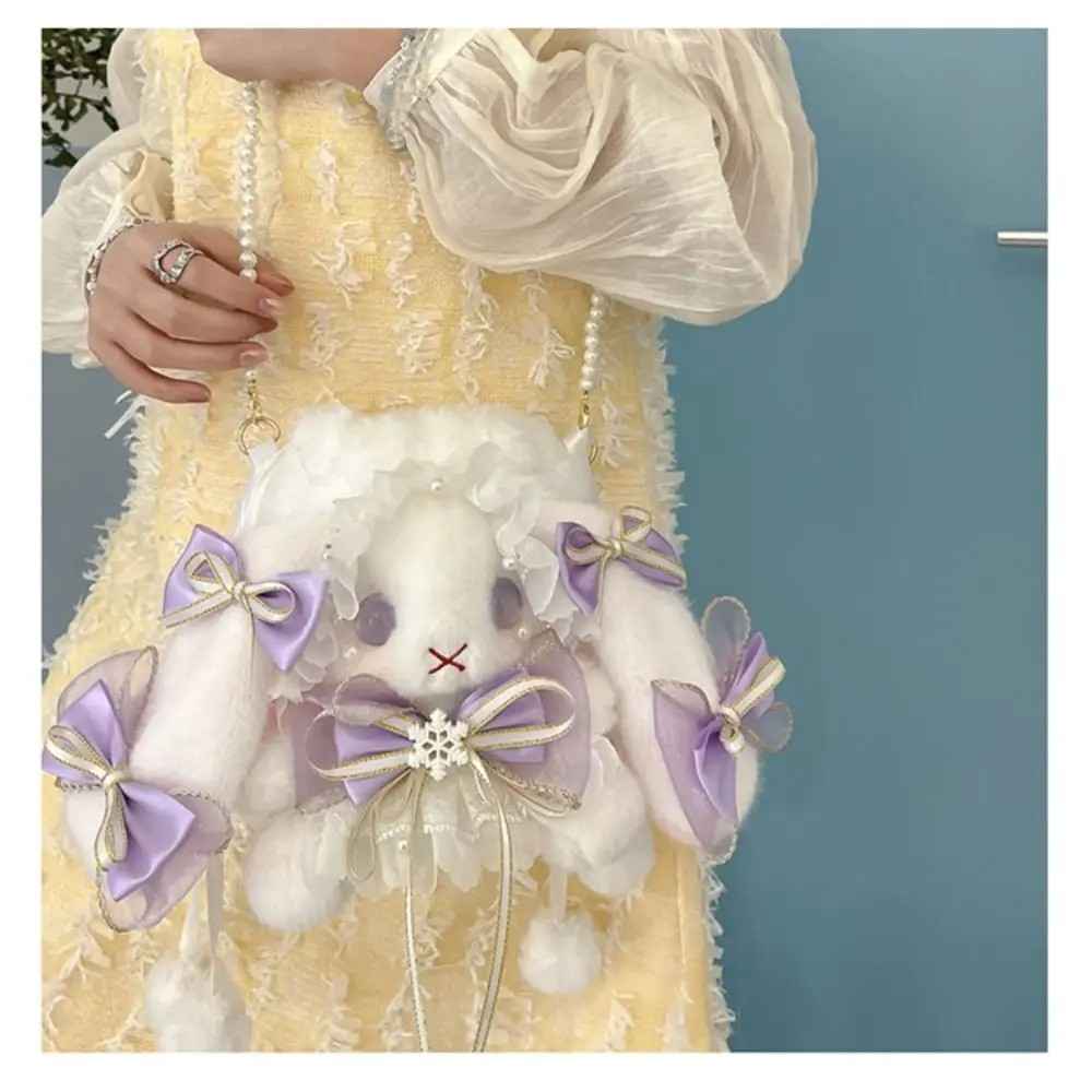 Dollcore bunny crossbody bag in pastel colors, pearl strap and ribbon details, perfect for DDLG ABDL kawaii fashion