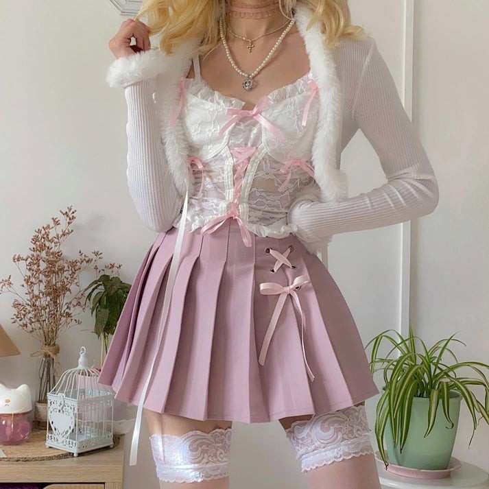 Dollcore Lolita pleated lace skirt in pink, white, or black for kawaii, soft girl, cutecore, DDLG, and ABDL outfits