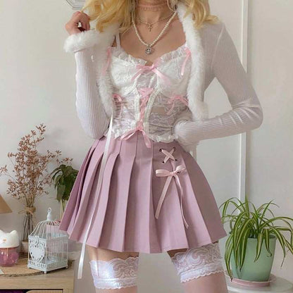 Dollcore Lolita pleated lace skirt in pink, white, or black for kawaii, soft girl, cutecore, DDLG, and ABDL outfits
