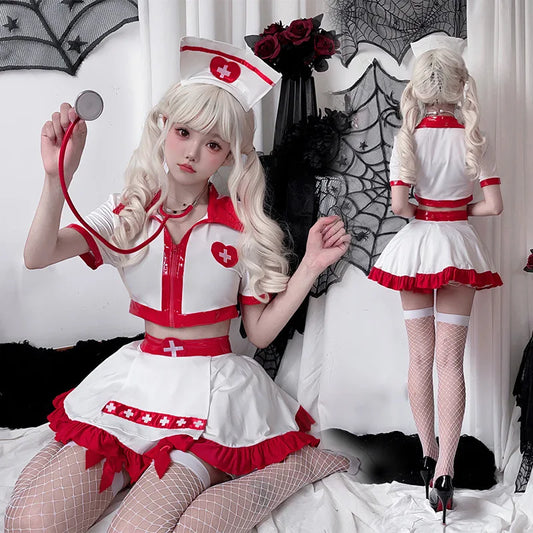 Dose of Desire Nurse Set with white crop top and red accents, DDLG/ABDL kawaii cutecore cosplay outfit