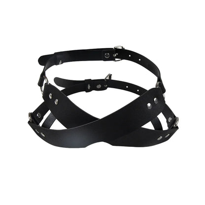 Full look of Double Black Strap Blindfold styled in dark fetish set, dominance vibes