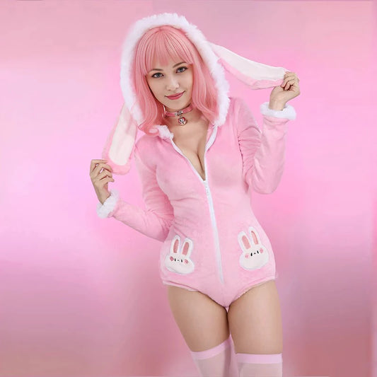 pink and white bunny romper with bunny ears for kawaii DDLG comfort wear and cozy soft-life vibes