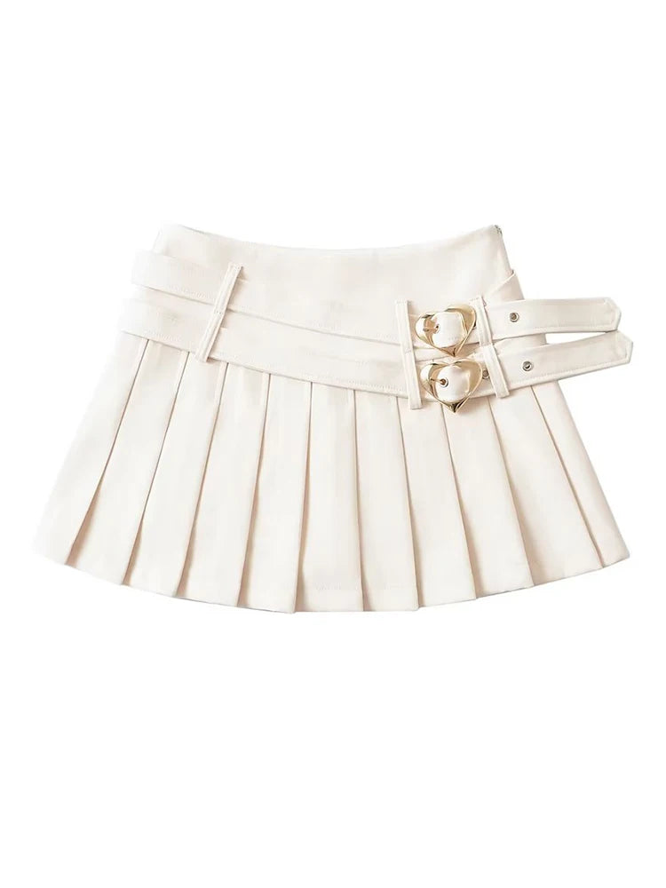 Close up of heart buckle hardware on double heart buckle mini skirt