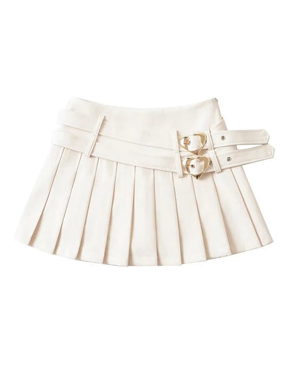 Close up of heart buckle hardware on double heart buckle mini skirt