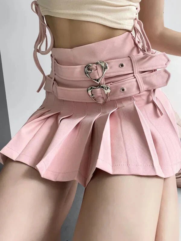 Pink double heart buckle pleated mini skirt with knife pleats, DDLGirl style
