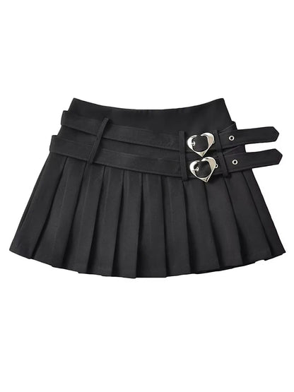 Model wearing double heart buckle pleated mini skirt, DDLGirl Y2K brat style