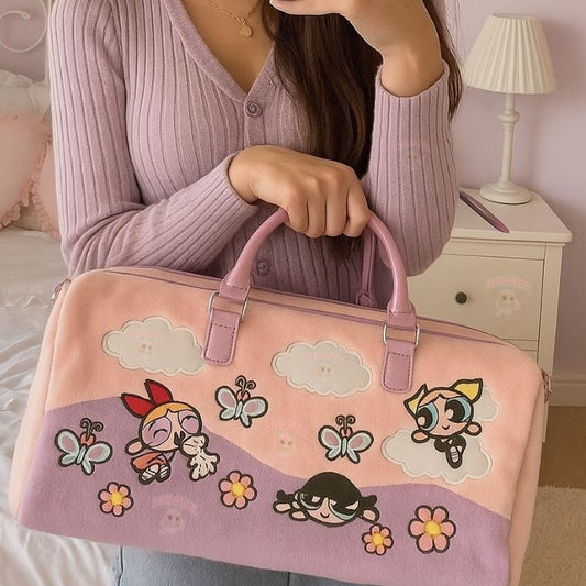 Dream Team Girlcore Plush Bag — pastel purple and pink plush with holographic handles, perfect for kawaii, pastelcore, soft girl, and cutecore fashion lovers