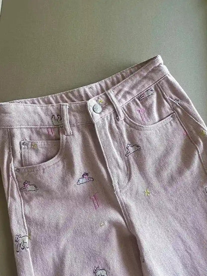 Dreamy kawaii streetwear pastel denim pants with star, sheep, and ribbon embroidery