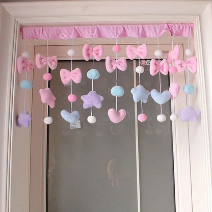 Pastel window valance with hearts, bows, and stars for a kawaii, dreamy room aesthetic